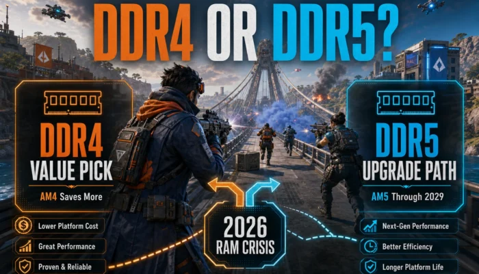 Bridge-crossing shooter graphic reading DDR4 or DDR5, DDR4 Value Pick, DDR5 Upgrade Path, and 2026 RAM Crisis.