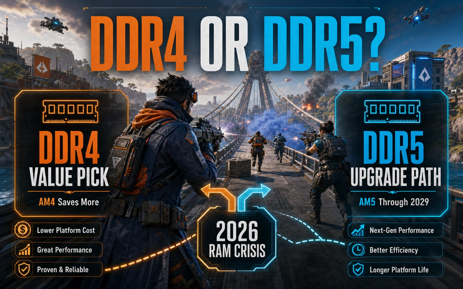 Bridge-crossing shooter graphic reading DDR4 or DDR5, DDR4 Value Pick, DDR5 Upgrade Path, and 2026 RAM Crisis.