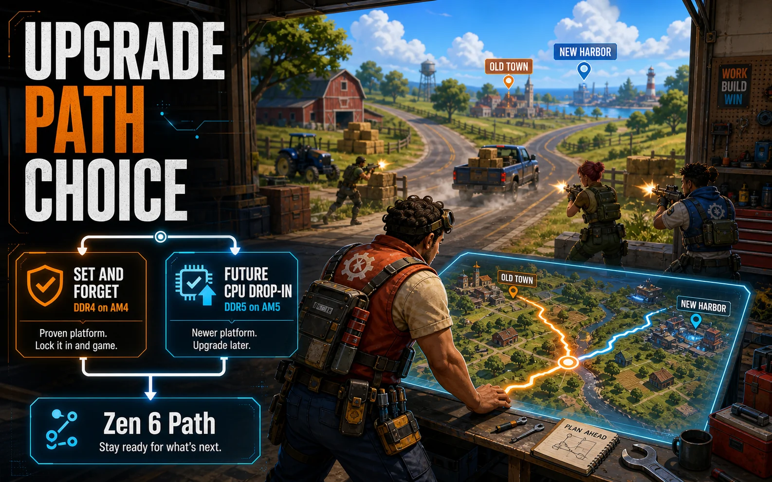 Stylized farm route-map shooter graphic reading Upgrade Path Choice, Set and Forget DDR4 on AM4, Future CPU Drop-In DDR5 on AM5, and Zen 6 Path.