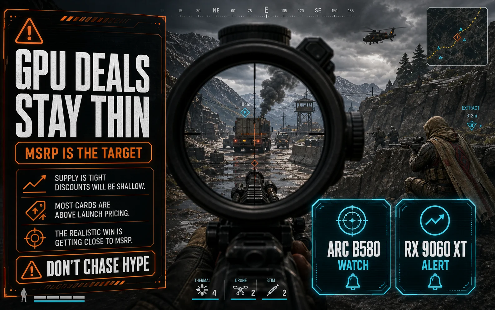 CheapFPS caution graphic explaining that GPU deals stay thin, MSRP is the target, and Arc B580 and RX 9060 XT are watch-list cards.