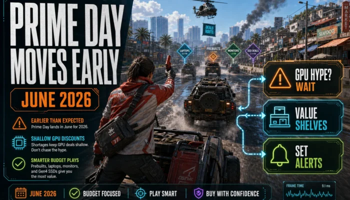CheapFPS gaming graphic for Prime Day moving early to June 2026, with GPU caution, value shelves, and alert-setting callouts.