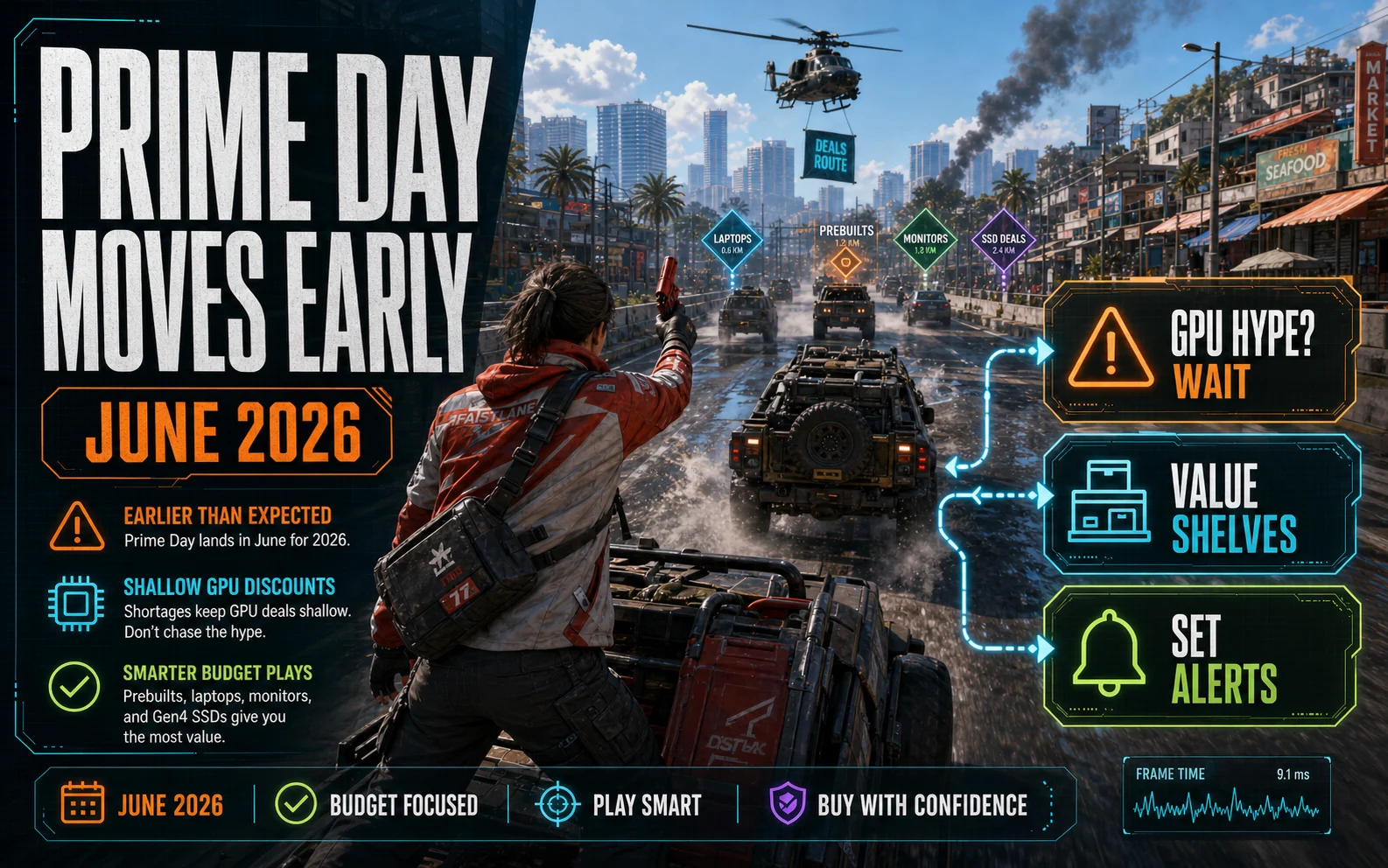 CheapFPS gaming graphic for Prime Day moving early to June 2026, with GPU caution, value shelves, and alert-setting callouts.