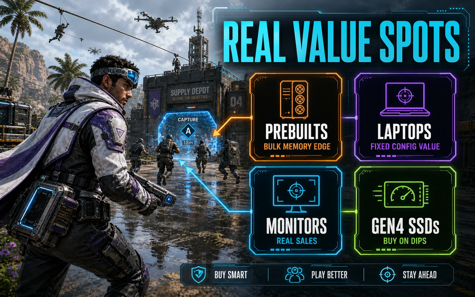 CheapFPS value picker graphic showing prebuilts, laptops, monitors, and Gen4 SSDs as the stronger Prime Day 2026 budget categories.