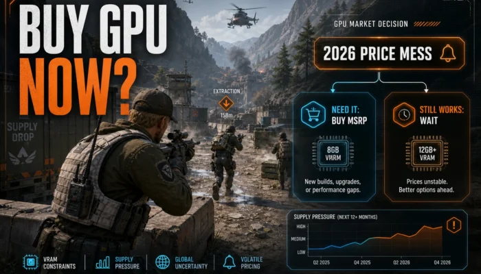Mountain pass shooter decision graphic reading Buy GPU Now, 2026 Price Mess, Need It Buy MSRP, and Still Works Wait.