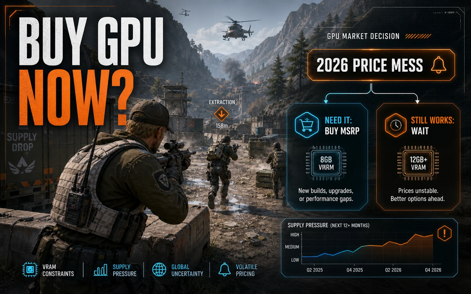 Mountain pass shooter decision graphic reading Buy GPU Now, 2026 Price Mess, Need It Buy MSRP, and Still Works Wait.