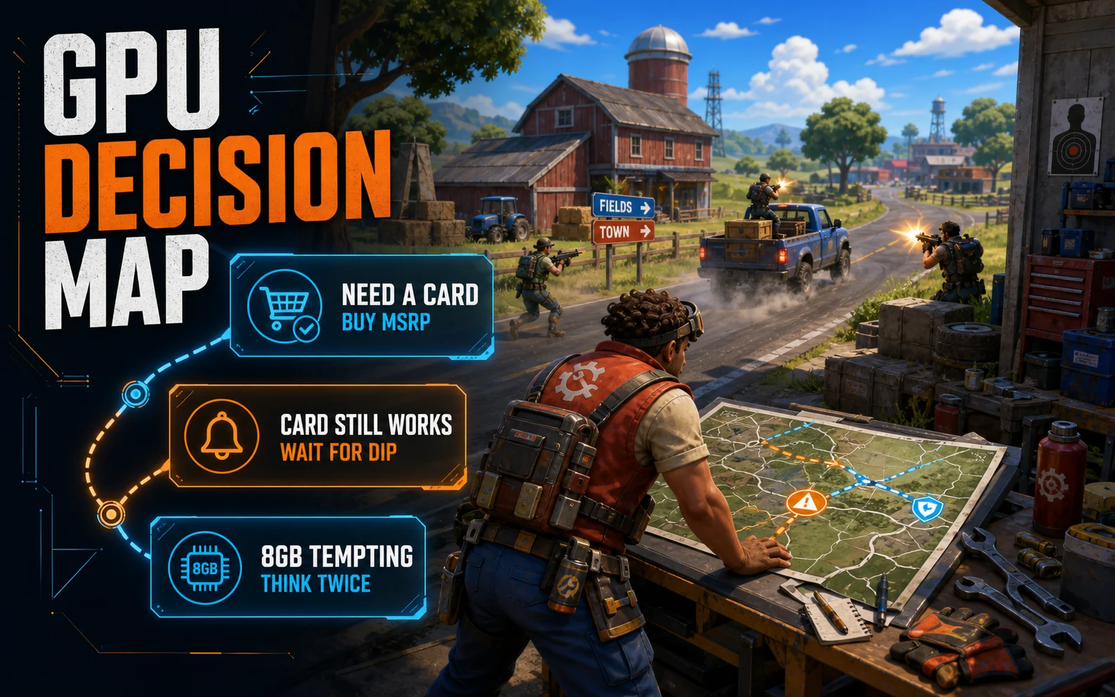 Stylized farm road shooter map graphic with GPU Decision Map cards for Need a Card, Card Still Works, and 8GB Tempting.