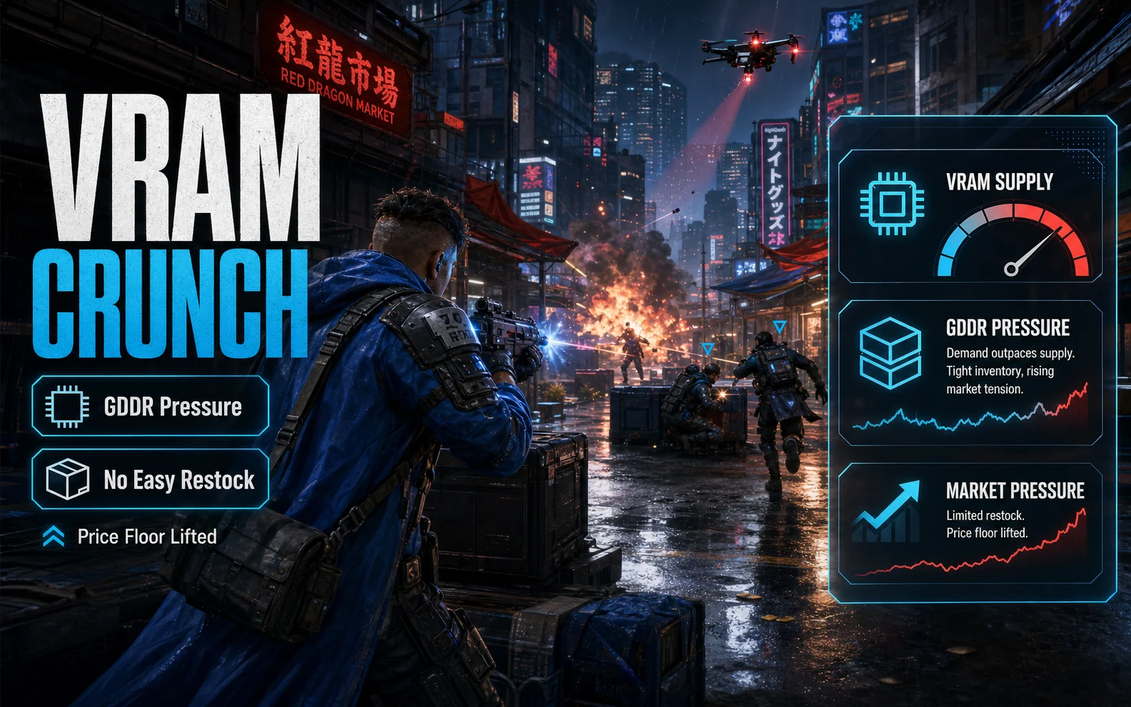 Cyberpunk market shooter scene with VRAM Crunch, GDDR Pressure, No Easy Restock, and Price Floor Lifted callouts.