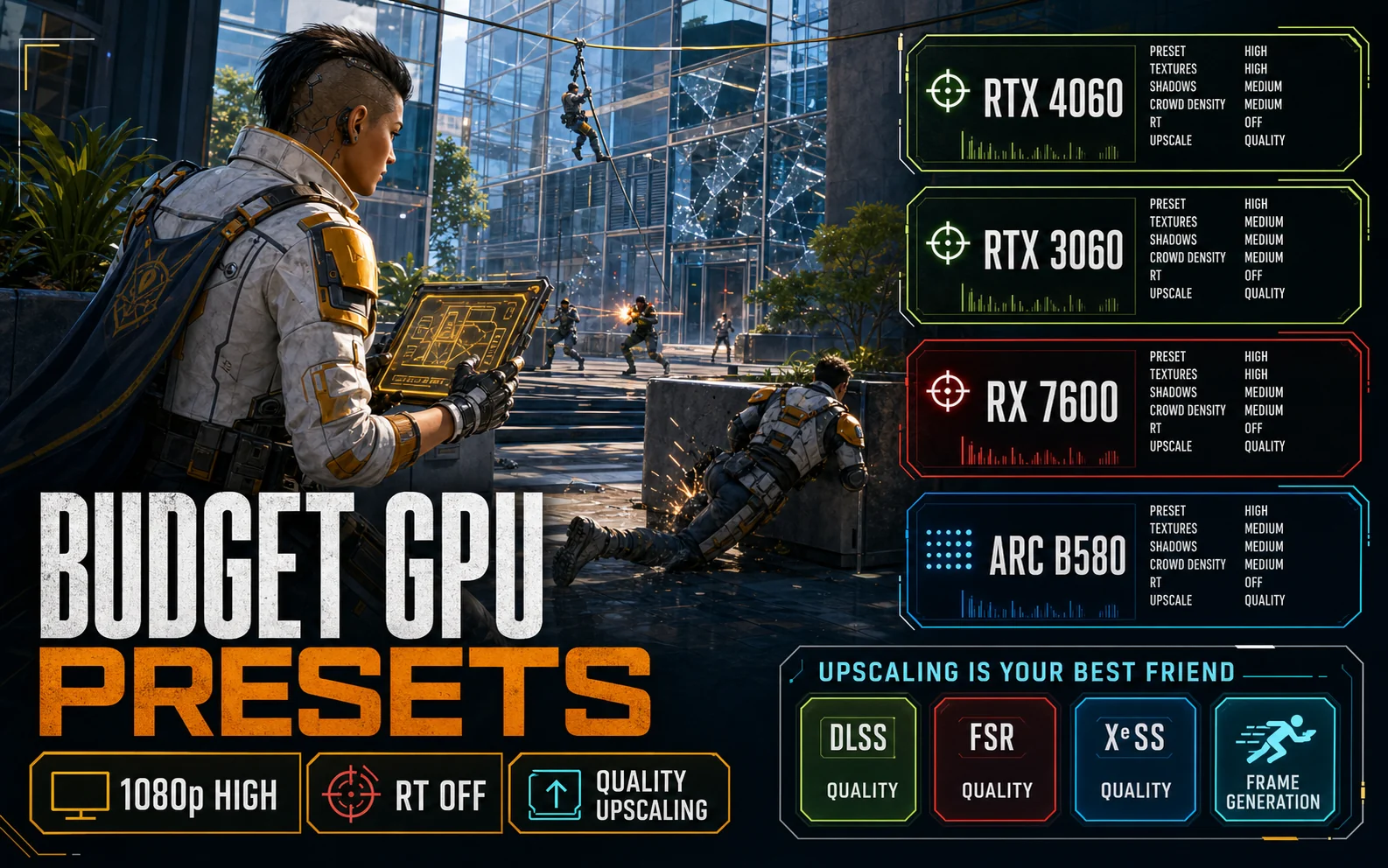 CheapFPS inline graphic with budget GPU preset cards for RTX 4060, RTX 3060, RX 7600, and Arc B580.