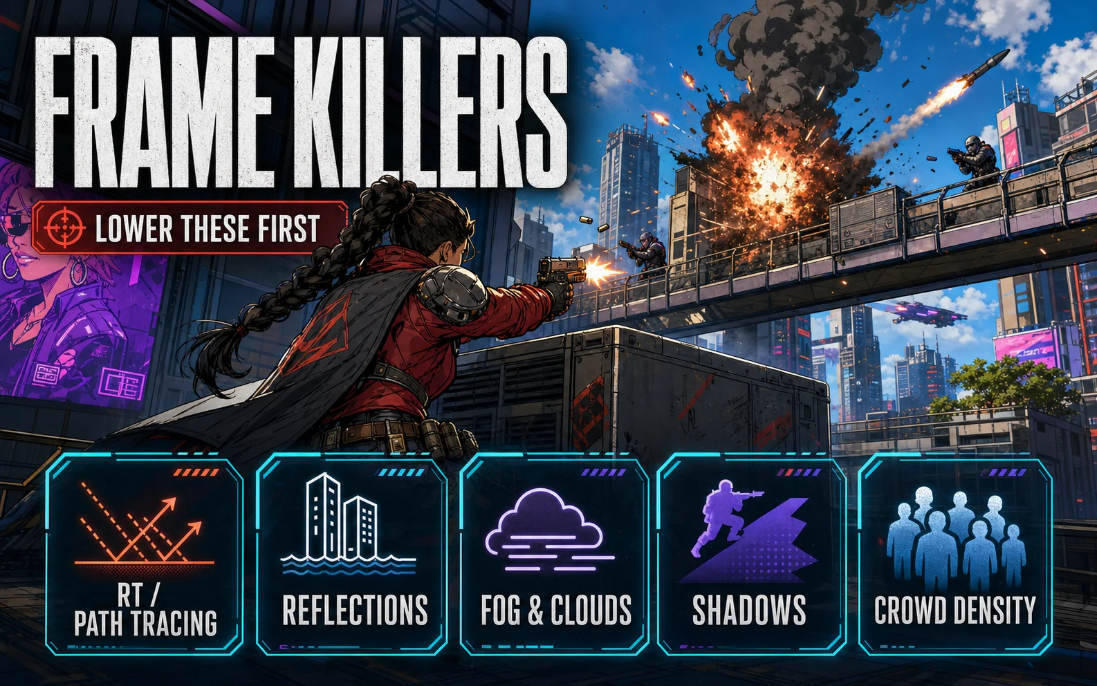 CheapFPS inline graphic showing frame-killer Cyberpunk 2077 settings: ray tracing, reflections, fog and clouds, shadows, and crowd density.