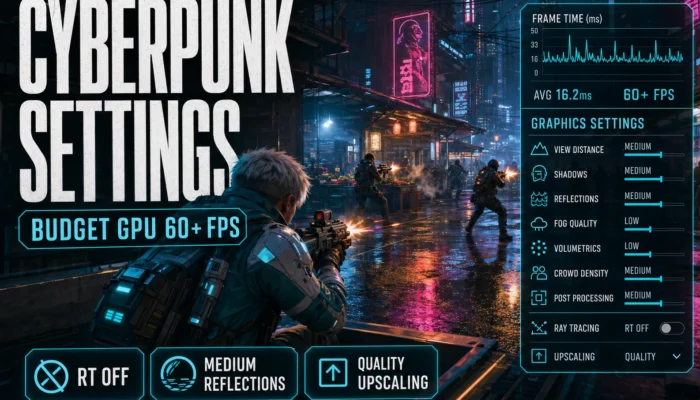 CheapFPS featured graphic for Cyberpunk 2077 budget GPU settings, showing a generic cyberpunk shooter scene with 60+ FPS settings cards.