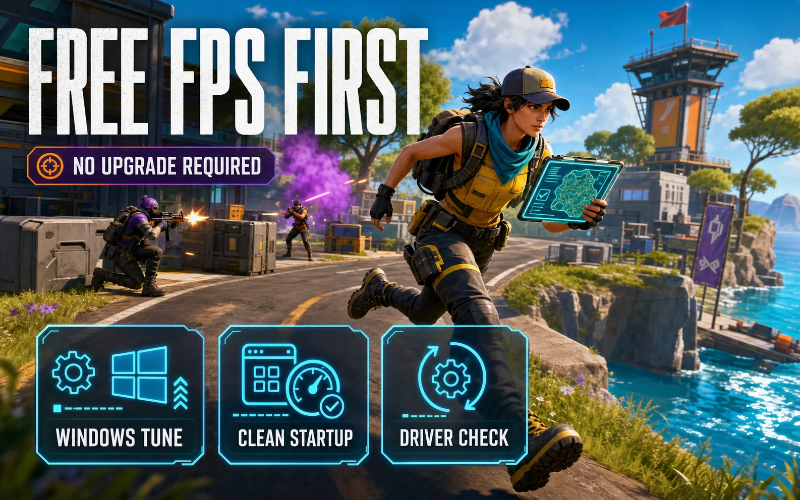 CheapFPS inline graphic with Free FPS First checklist cards for Windows tuning, clean startup, and driver checks.