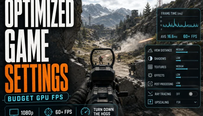 CheapFPS graphic showing optimized game settings for budget GPU FPS over a first-person shooter mountain pass scene.