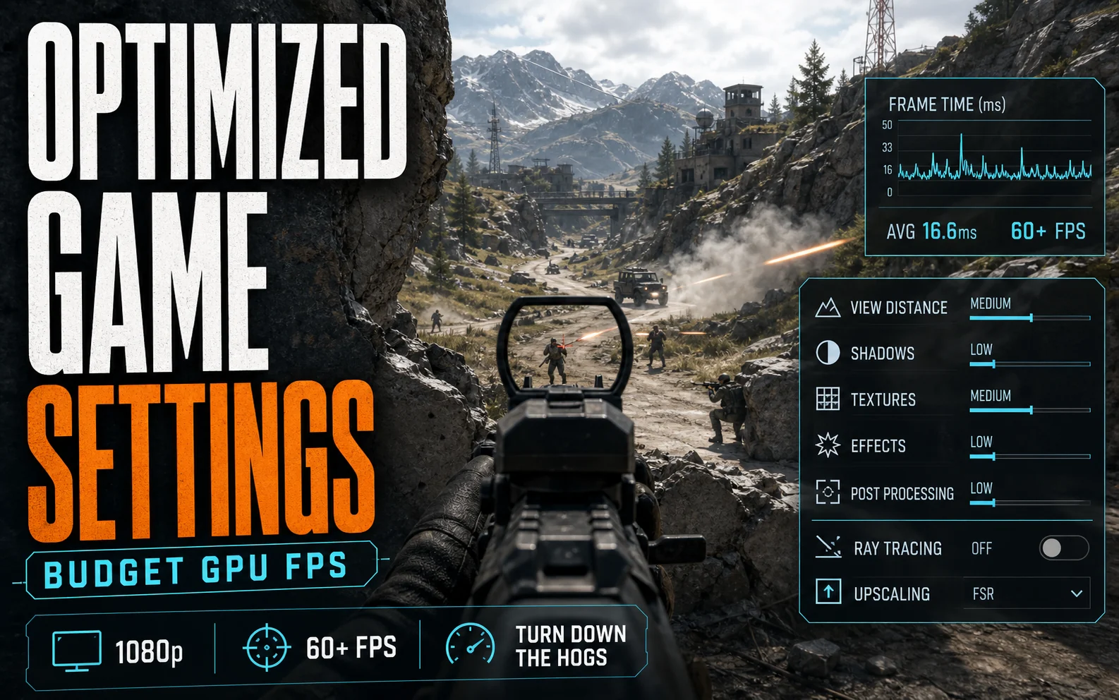 CheapFPS graphic showing optimized game settings for budget GPU FPS over a first-person shooter mountain pass scene.