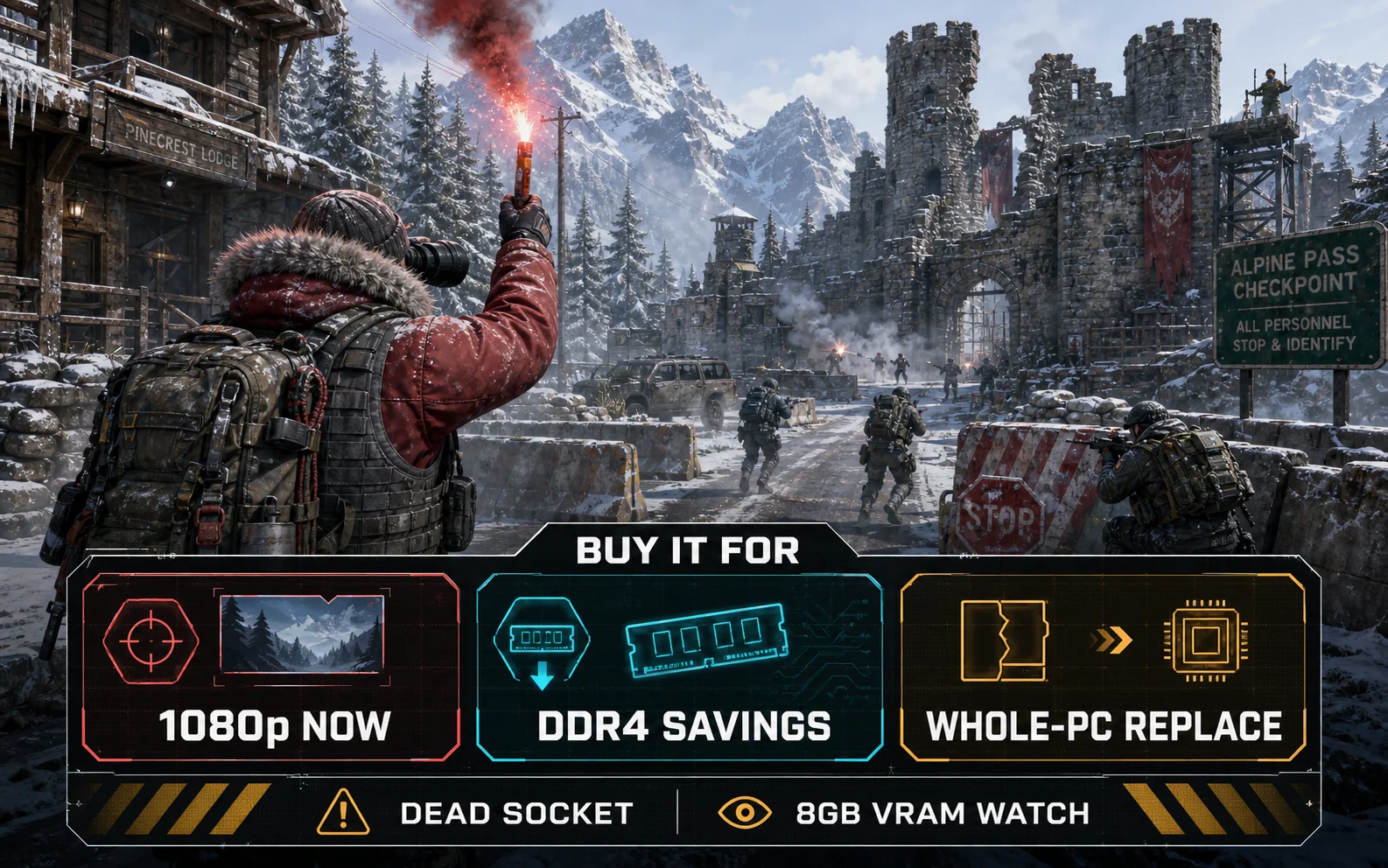 CheapFPS snowy checkpoint game graphic with Buy It For cards for 1080p Now, DDR4 Savings, and Whole-PC Replace plus Dead Socket and 8GB VRAM Watch callouts.