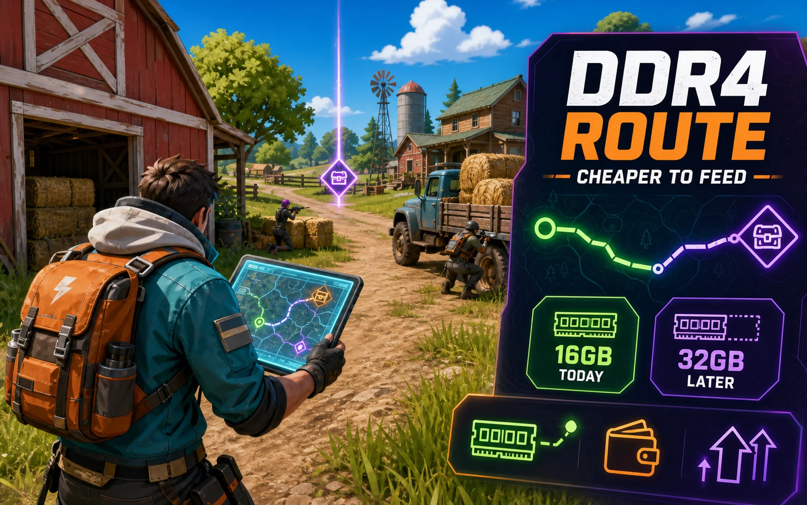 CheapFPS stylized battle royale graphic with DDR4 Route, Cheaper To Feed, 16GB Today, and 32GB Later callouts over a farm compound objective scene.