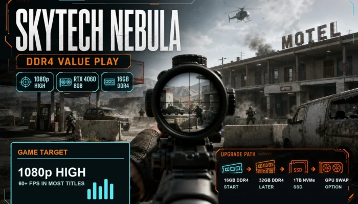 CheapFPS game-setting graphic for the Skytech Nebula showing a scoped shooter scene with DDR4 Value Play, 1080p High, RTX 4060 8GB, and 16GB DDR4 callouts.