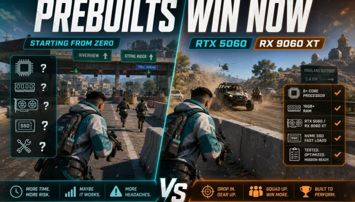 Generic gameplay buyer-guide graphic saying prebuilts win now with RTX 5060, RX 9060 XT, and starting from zero callouts.