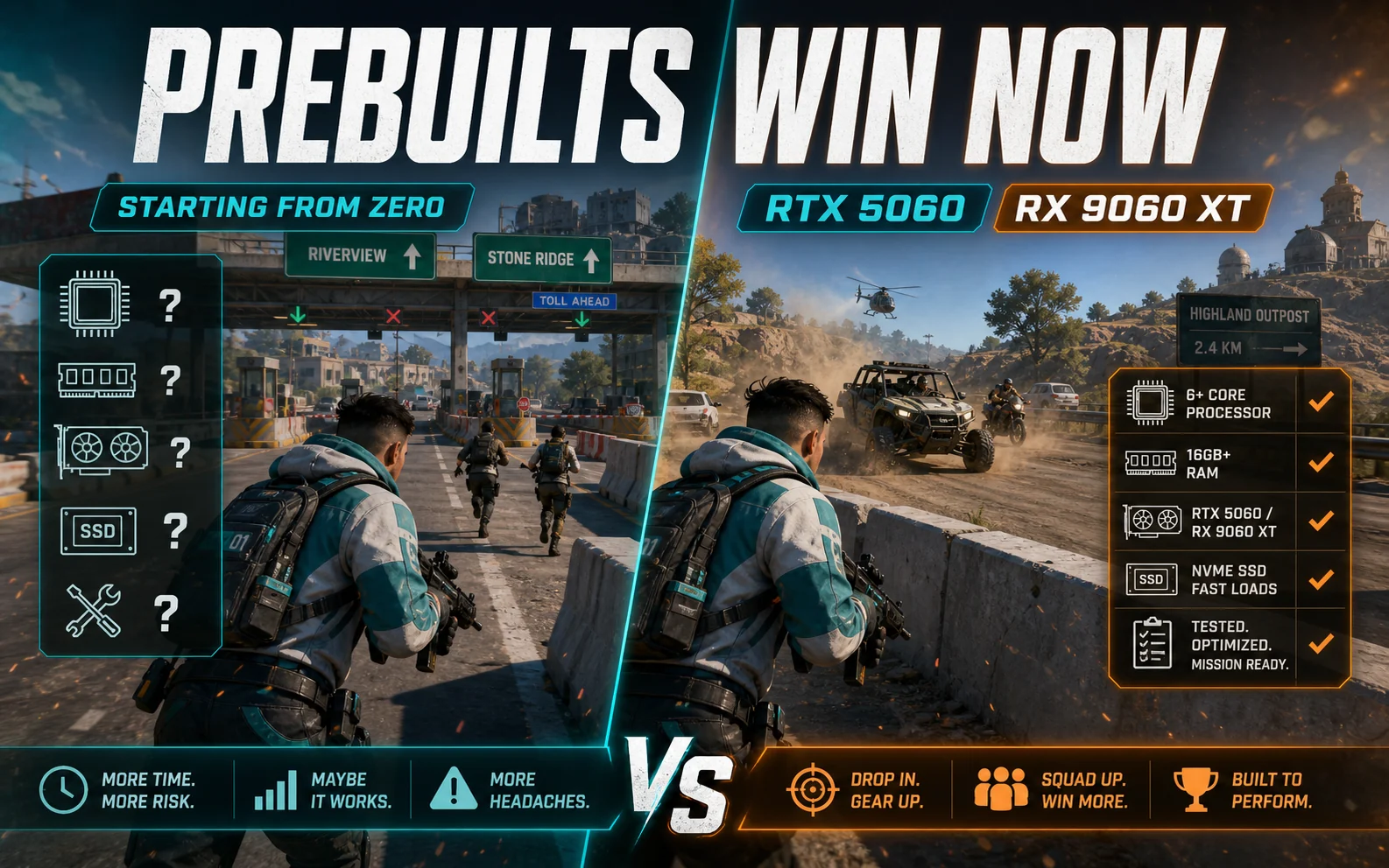 Generic gameplay buyer-guide graphic saying prebuilts win now with RTX 5060, RX 9060 XT, and starting from zero callouts.