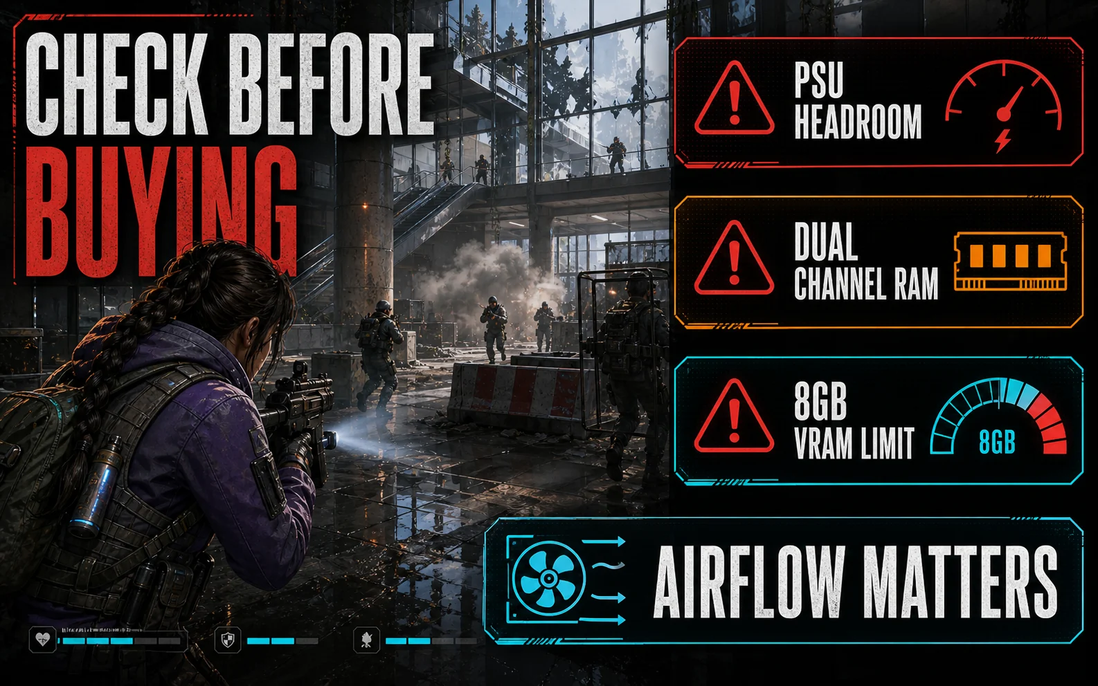 Generic gameplay warning graphic for the Gamer Xtreme showing PSU headroom, dual-channel RAM, 8GB VRAM limit, and airflow matters.
