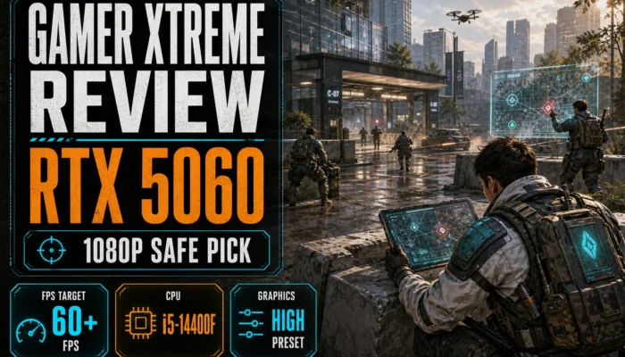 Generic gameplay review graphic for the CyberPowerPC Gamer Xtreme with RTX 5060, i5-14400F, and 1080p safe pick callouts.