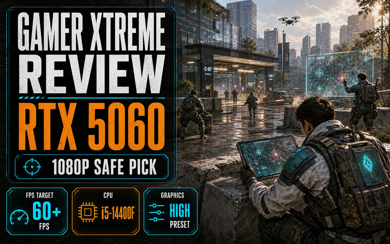 Generic gameplay review graphic for the CyberPowerPC Gamer Xtreme with RTX 5060, i5-14400F, and 1080p safe pick callouts.