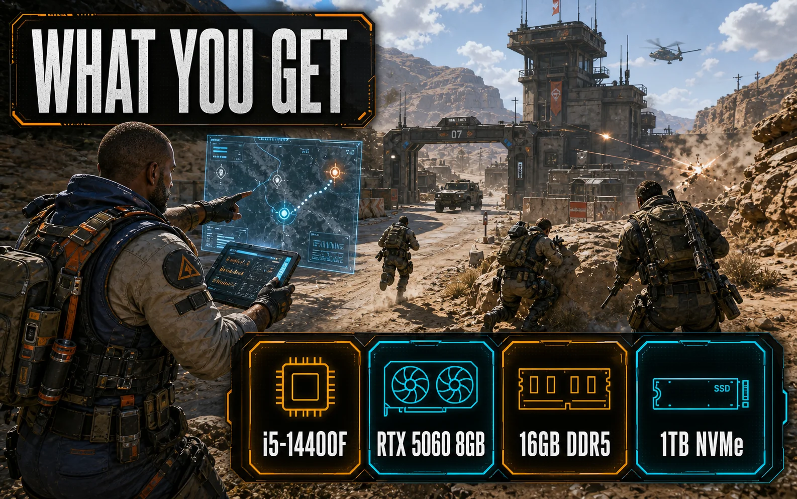 Generic gameplay loadout graphic listing i5-14400F, RTX 5060 8GB, 16GB DDR5, and 1TB NVMe for the Gamer Xtreme prebuilt.