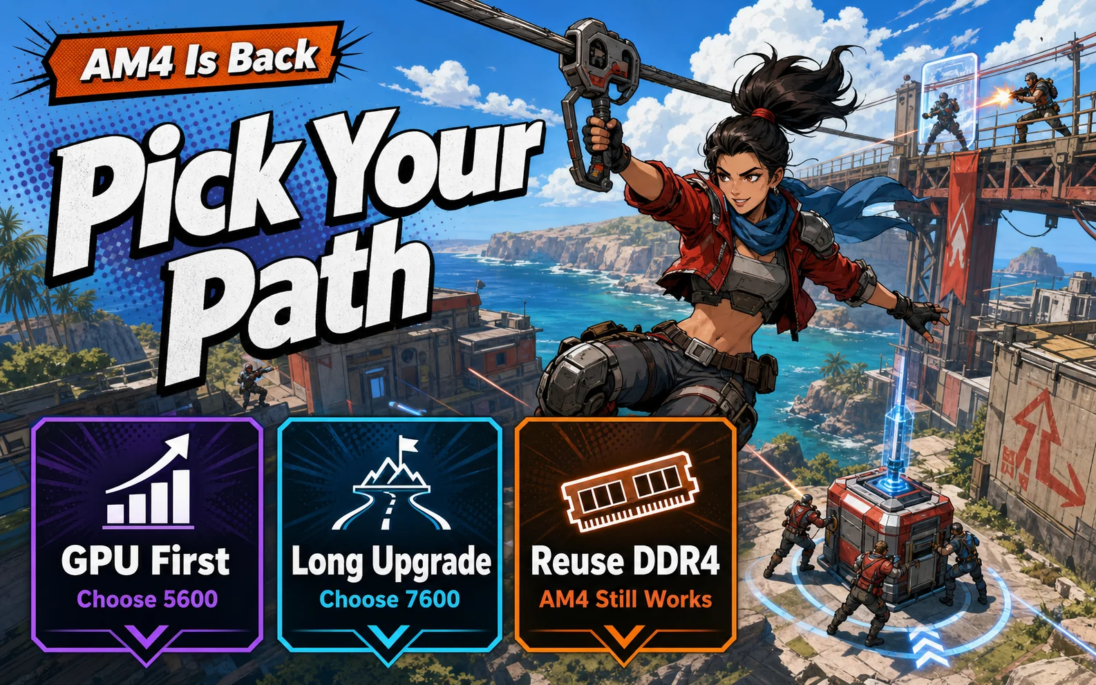 CheapFPS pick your path graphic with GPU First, Long Upgrade, and Reuse DDR4 cards for Ryzen buyers.