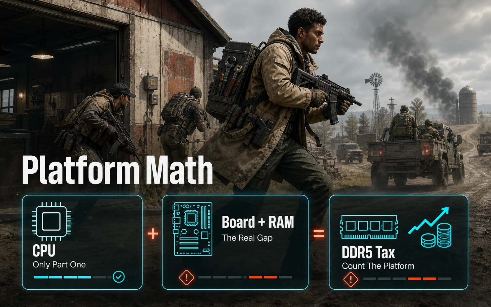 CheapFPS platform math graphic showing CPU, board and RAM, and DDR5 tax decision cards over a shooter scene.