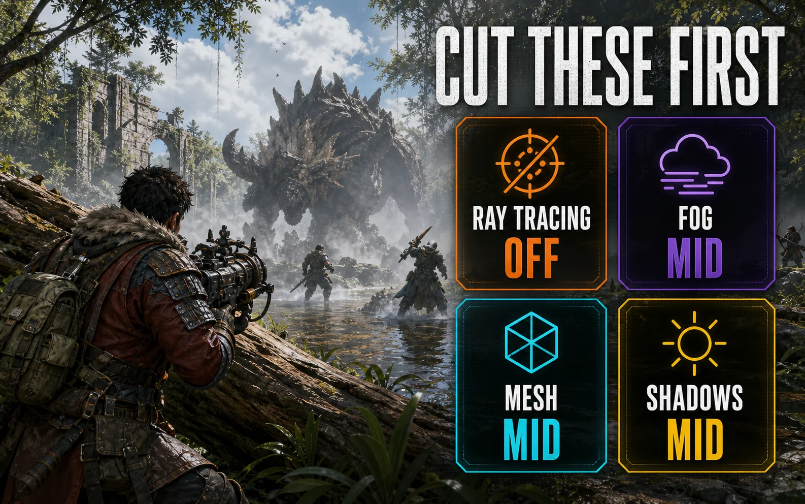 Generic monster-hunt HUD graphic showing Ray Tracing Off, Fog Mid, Mesh Mid, and Shadows Mid as the first Wilds settings to cut.