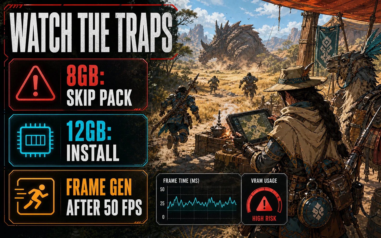 Generic monster-hunt checklist graphic warning 8GB cards to skip the texture pack, 12GB cards to install it, and to use Frame Gen after 50 FPS.