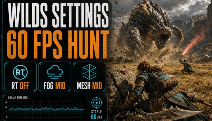 Generic monster-hunting action settings graphic for Monster Hunter Wilds showing a 60 FPS hunt, RT Off, Fog Mid, and Mesh Mid.
