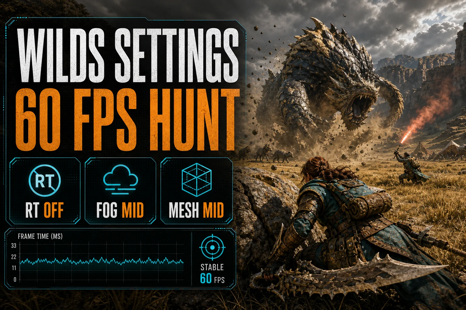 Generic monster-hunting action settings graphic for Monster Hunter Wilds showing a 60 FPS hunt, RT Off, Fog Mid, and Mesh Mid.