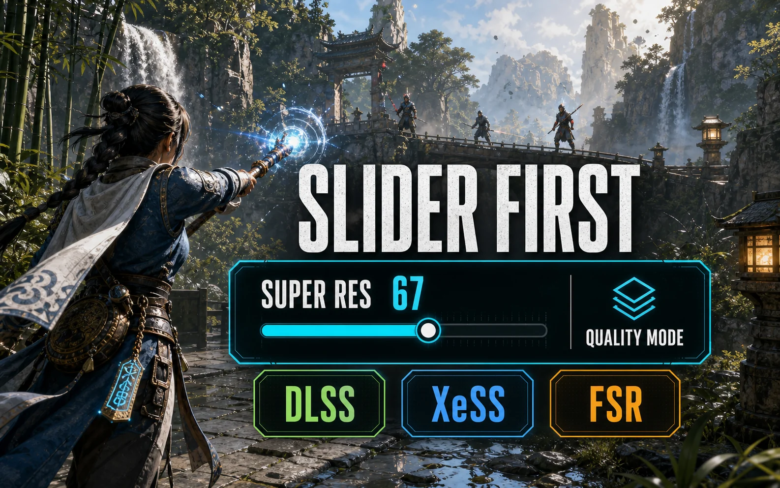 Generic fantasy action HUD graphic showing Super Res 67, Quality Mode, and DLSS, XeSS, and FSR upscaler badges.