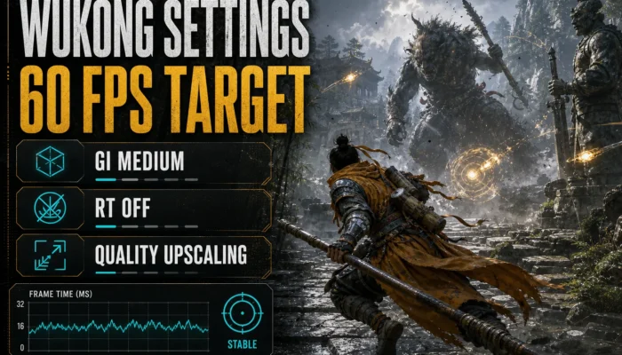 Generic fantasy action settings graphic for Black Myth Wukong showing a 60 FPS target, GI Medium, RT Off, and Quality upscaling.