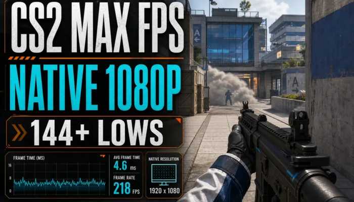 Generic tactical shooter graphic for CS2 settings showing native 1080p and 144+ lows for budget GPUs.