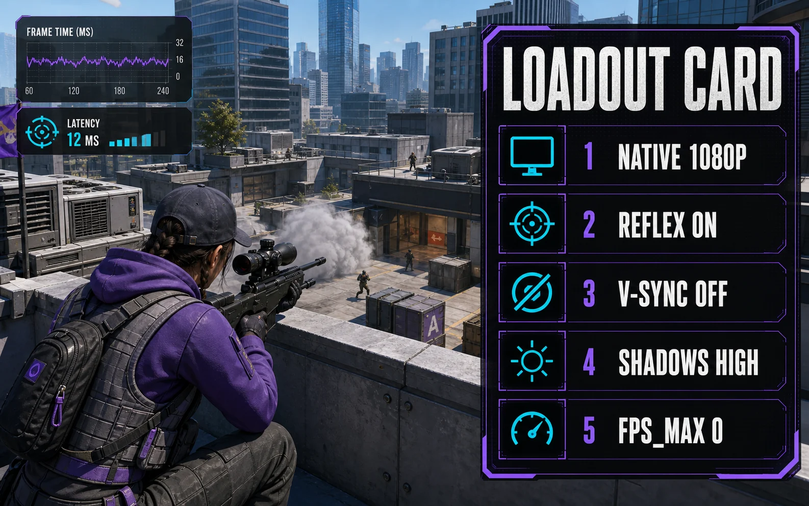 Generic tactical shooter checklist graphic for CS2 showing Native 1080p, Reflex On, V-Sync Off, Shadows High, and fps_max 0.