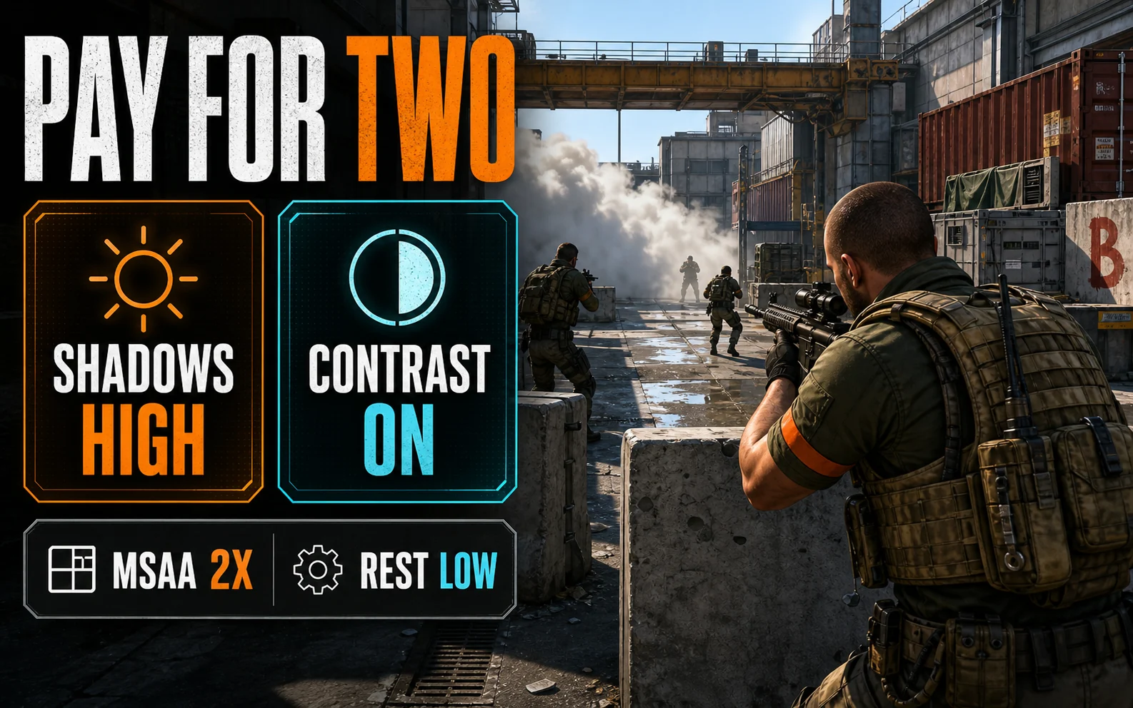 Generic tactical shooter HUD graphic highlighting Shadows High, Contrast On, MSAA 2x, and Rest Low for CS2.