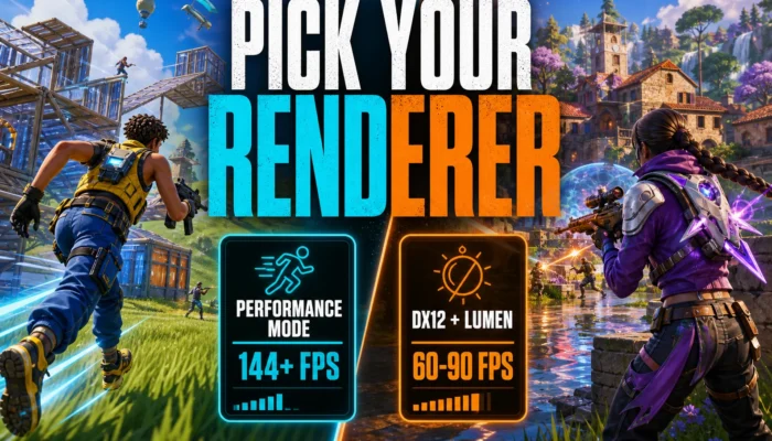 Stylized battle royale settings graphic comparing Performance Mode at 144+ FPS with DX12 and Lumen at 60 to 90 FPS.