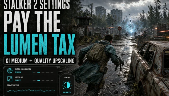 Post-apocalyptic shooter settings graphic for STALKER 2 showing GI Medium and Quality upscaling guidance for budget GPUs.