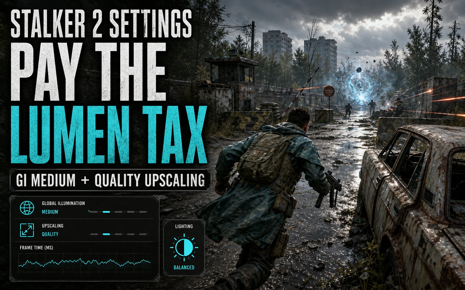 Post-apocalyptic shooter settings graphic for STALKER 2 showing GI Medium and Quality upscaling guidance for budget GPUs.