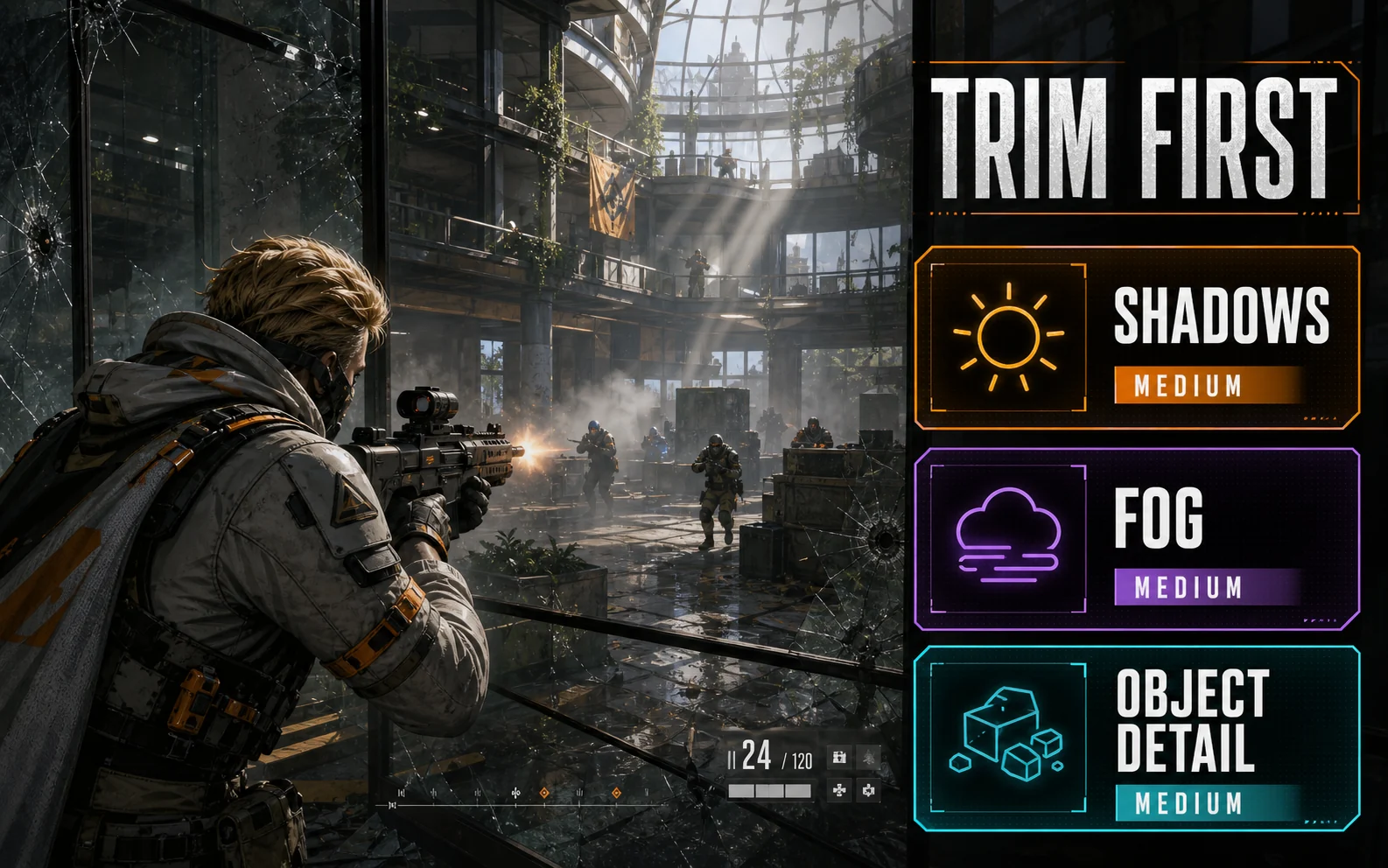 Shooter HUD graphic listing Shadows Medium, Fog Medium, and Object Detail Medium as the first STALKER 2 settings to trim.