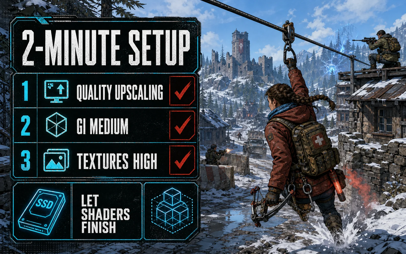 Snowy survival shooter checklist graphic for STALKER 2 with Quality upscaling, GI Medium, Textures High, and Let Shaders Finish.
