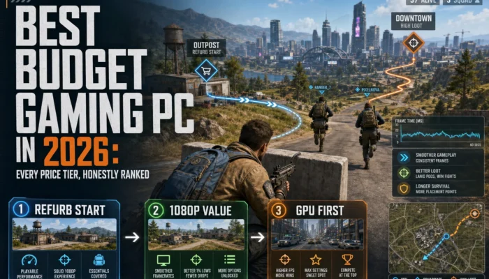 Budget gaming PC ladder graphic showing refurb start, 1080p value, and GPU-first upgrade paths over a shooter map.