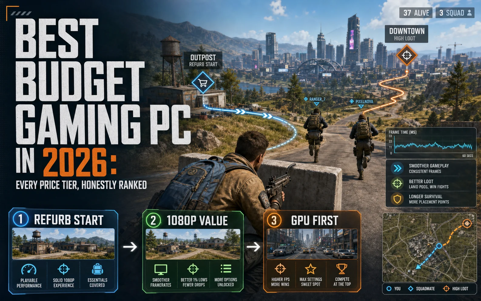 Budget gaming PC ladder graphic showing refurb start, 1080p value, and GPU-first upgrade paths over a shooter map.