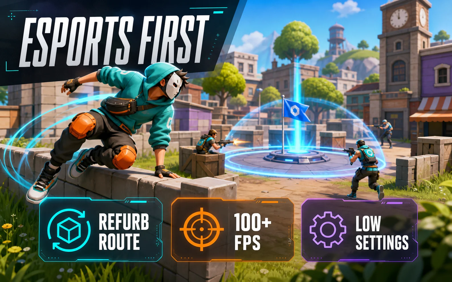 Esports-first gaming graphic showing refurb route, 100 plus FPS, and low settings cards over a stylized battle royale objective.