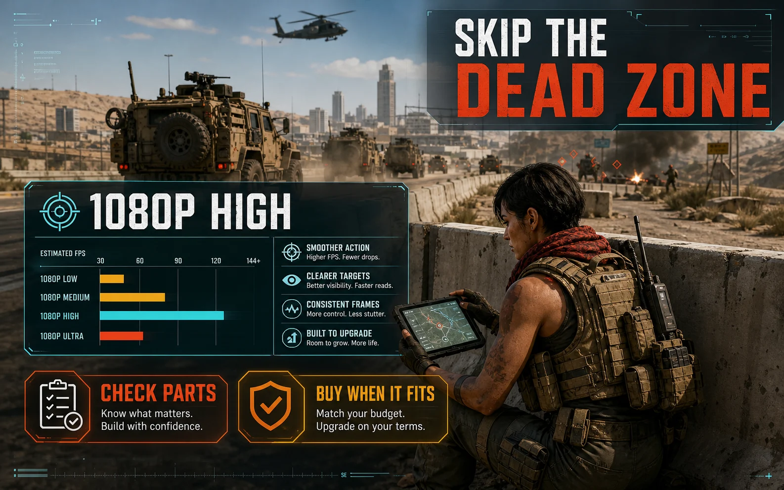 Skip the dead zone gaming PC graphic with 1080p high guidance, check parts, and buy when it fits cards over a desert convoy scene.