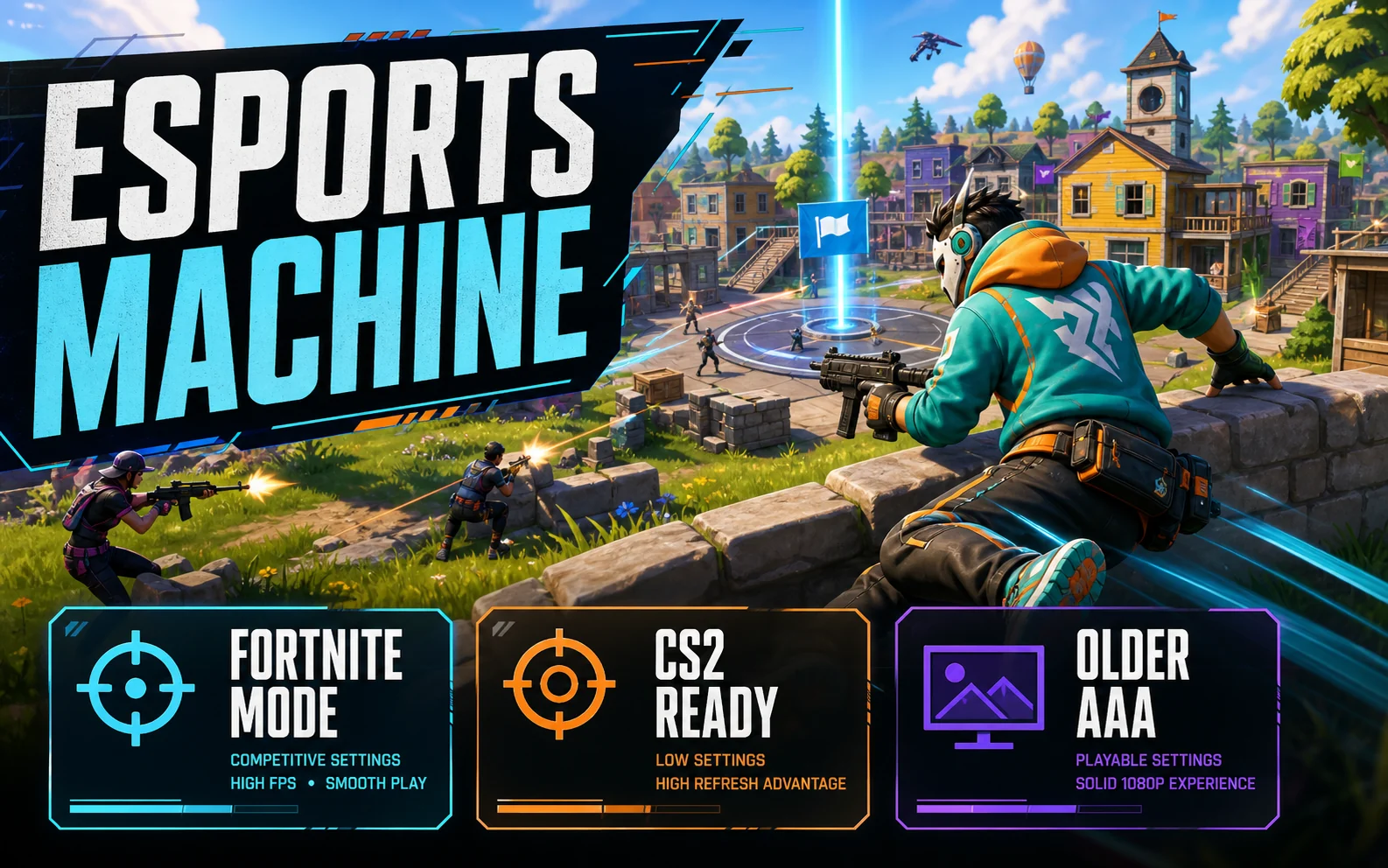 Esports machine graphic showing Fortnite mode, CS2 ready, and older AAA cards over a stylized battle royale objective.