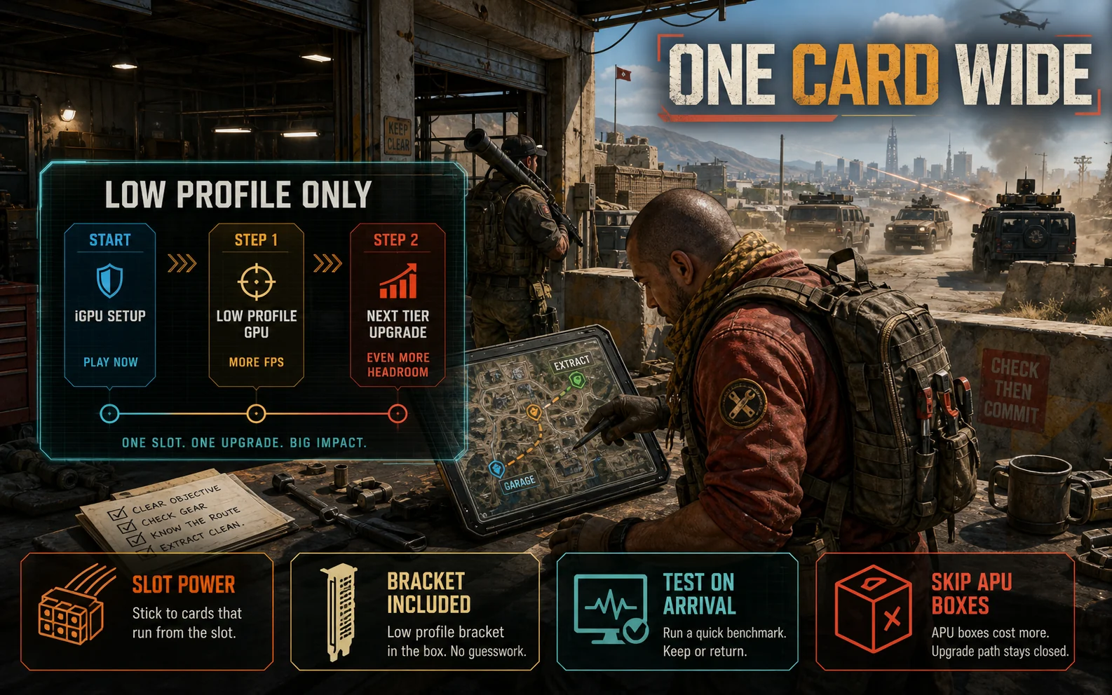 One card wide upgrade path graphic with low profile only, slot power, bracket included, test on arrival, and skip APU boxes cards.