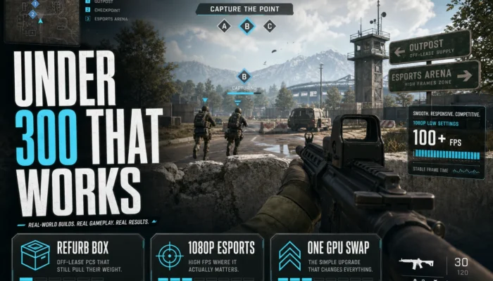 Under 300 gaming PC graphic showing refurb box, 1080p esports, and one GPU swap cards over a shooter checkpoint scene.