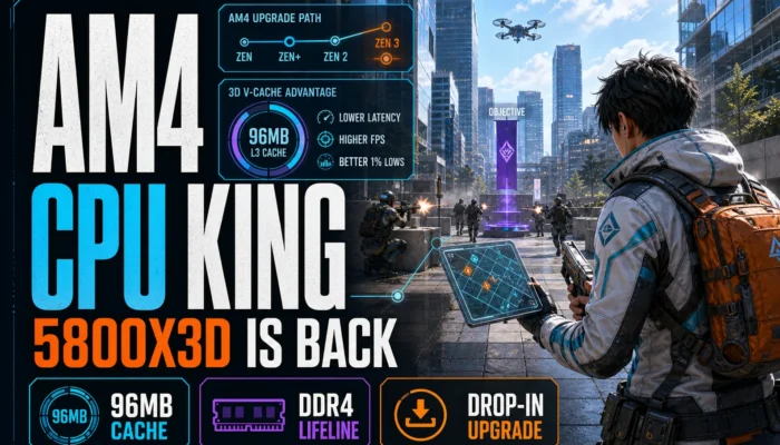 AM4 CPU king graphic showing the 5800X3D is back, 96MB cache, DDR4 lifeline, and drop-in upgrade cards over a shooter city-block scene.